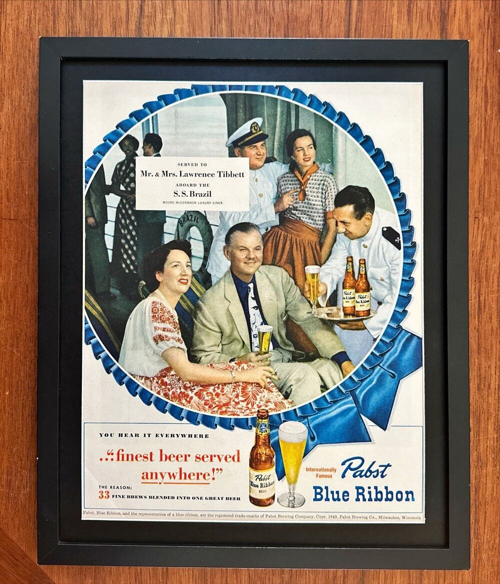 Framed 1949 Pabst Blue Ribbon Beer Print Ad Lawrence Tibbett S.S. Brazil